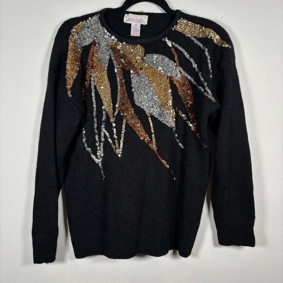 Vintage Silk Angora Wool Sequin Sweater Gold Black Silver Holidays Nye Size M - Picture 2 of 7